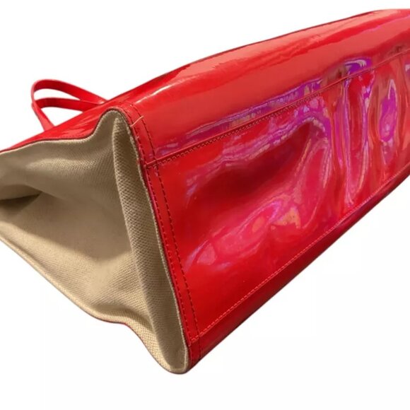 Tory Burch Ella Red Patent Leather Canvas Monogram Large Bag Tote Gold MINT - Picture 5 of 13